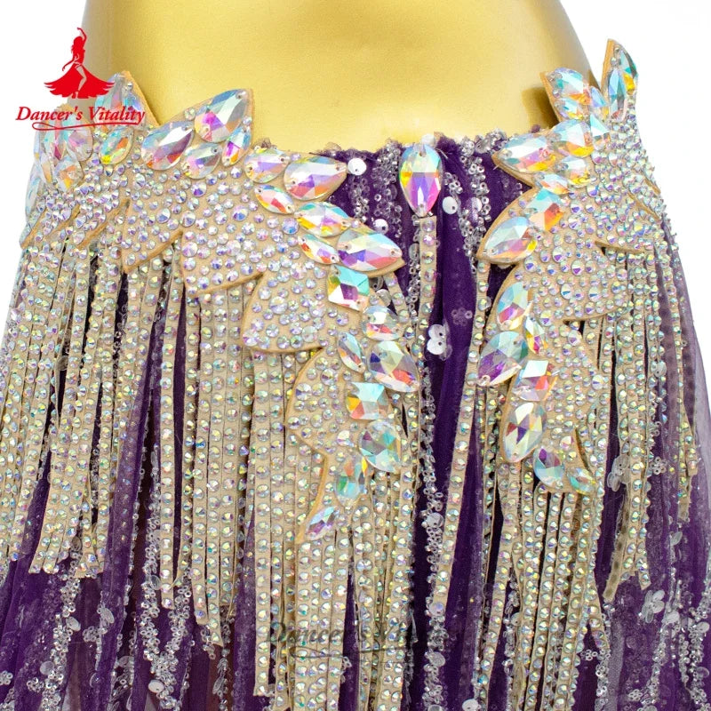 Women's Belly Dance Bra and Long Skirt Set With Sequin Tassels and AB Rhinestones For Competition
