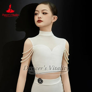 Girls Black & White Velvet Mesh Pearl Ballroom Dance Dress