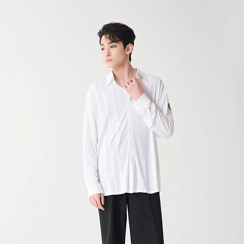 Men's Black & White Long Sleeve Button-Up Dance Shirts with Logo, Black Trousers, and Black Dance Shoes - Ballroom/Latin