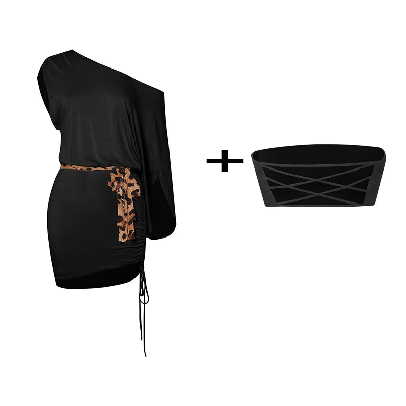 Women's Pink Off-Shoulder Dolman Sleeve Ruched Mini Dress with White Tie, Ballet Dance