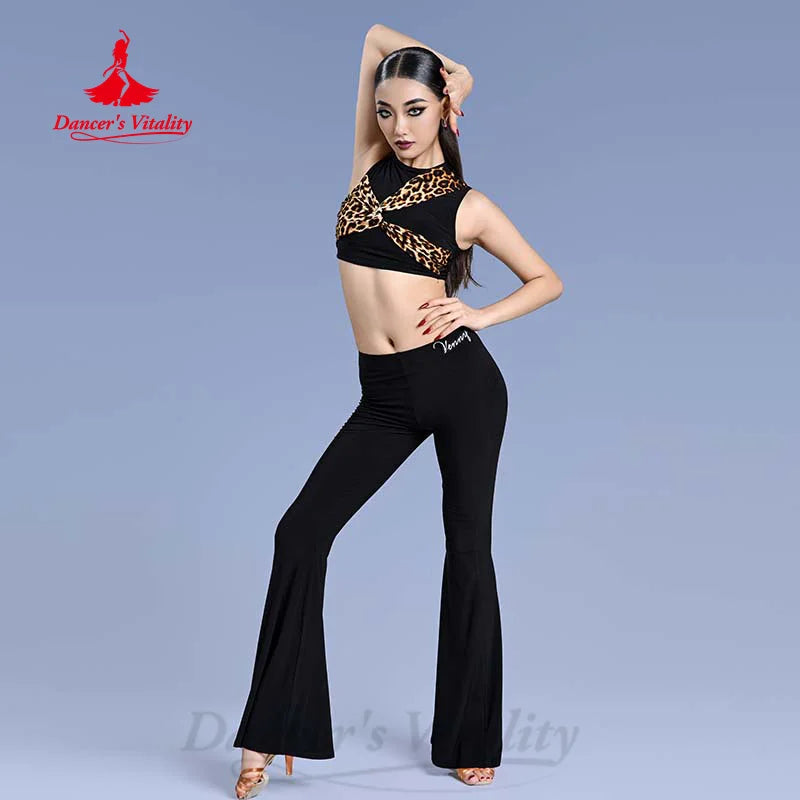 Dance Top and Pants Set Women's Black and Leopard Print Cropped Sleeveless Ruched Ballroom Latin Dancewear