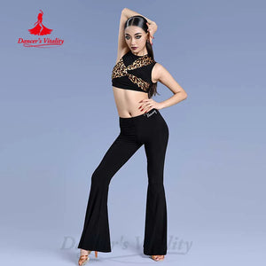 Dance Top and Pants Set Women's Black and Leopard Print Cropped Sleeveless Ruched Ballroom Latin Dancewear