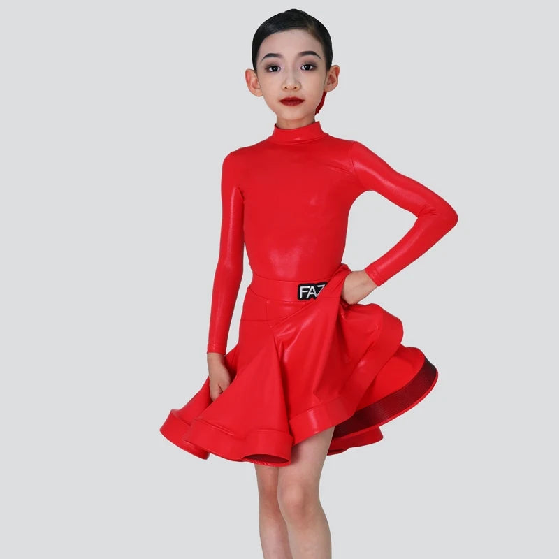 Girls' Pink Long Sleeve Mock Neck Pleated Skirt Latin Ballroom Dance Dress