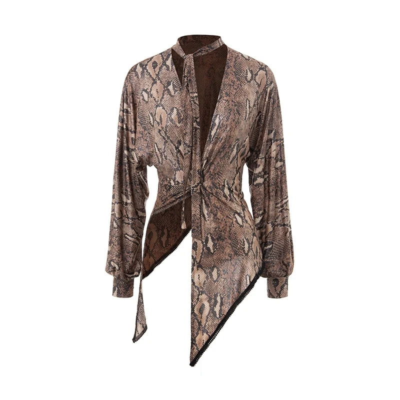 Women's Brown Snake Print Choker Neck Long Sleeve Top and Black Fringe Skirt Latin Dance Set