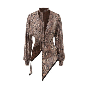 Women's Brown Snake Print Choker Neck Long Sleeve Top and Black Fringe Skirt Latin Dance Set