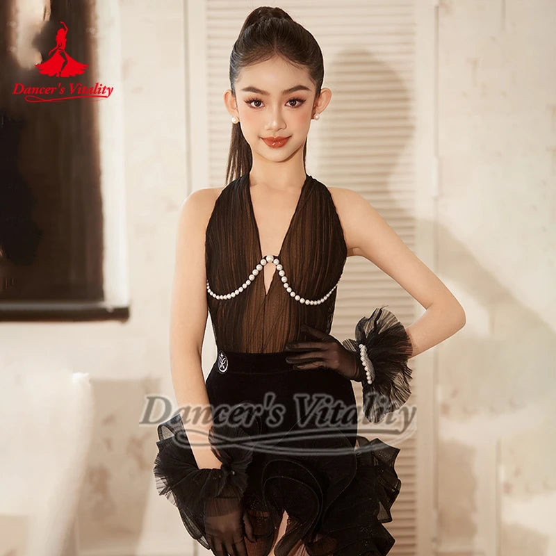 Women's Black & White Halter Neck Mesh Pearl Ruffle Latin Dance Dress