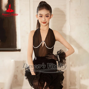 Women's Black & White Halter Neck Mesh Pearl Ruffle Latin Dance Dress