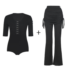 Women's Black Ruched Drawstring Waist Flared Leg Dance Pants