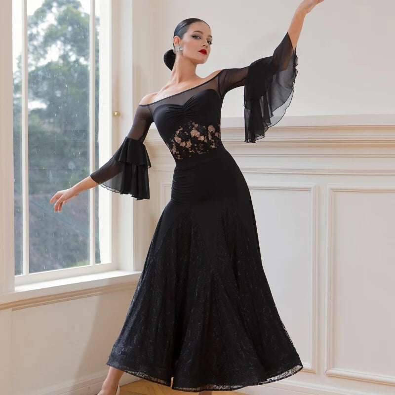 Women's Black Off-Shoulder Lace & Chiffon Ruffled Sleeve Ballroom Dance Dress