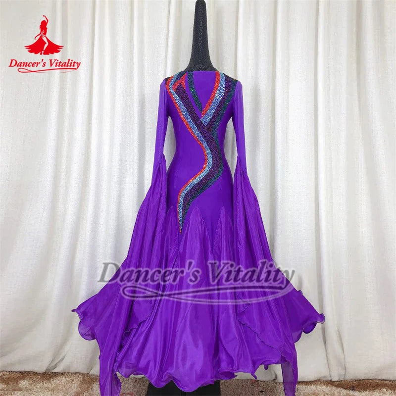 Women's Purple Ballroom Dance Dress with Long Sleeves and Embellished Bodice
