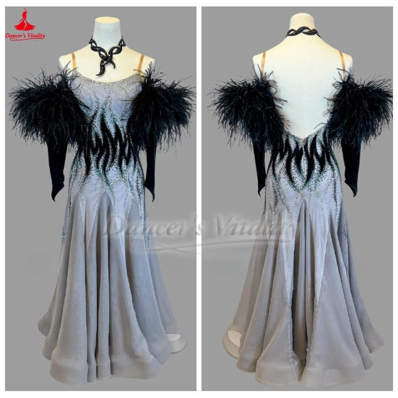 Ballroom Dance Dress Women's Gray with Black Feather Sleeves and Beaded Flame Design Standard Smooth Gown