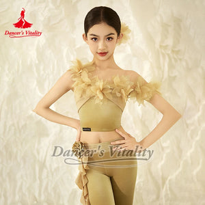 Girls' Gold & Green Velvet Floral Off-Shoulder Dance Top & Pants Set, Modern Lyrical Ballet Contemporary