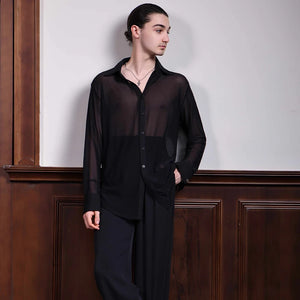 Men's Black Sheer Mesh Long Sleeve Button-Down Dance Shirt for Ballroom