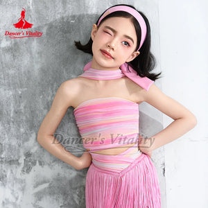 Girls Pink Striped Strapless Fringe Latin Dance Dress