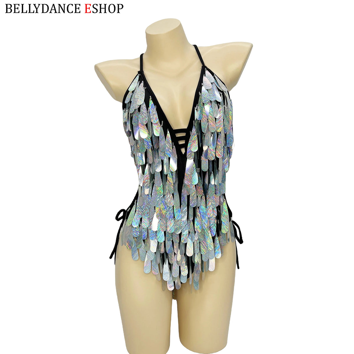 Women's Iridescent Sequin Fringe Halter Bodysuit, Belly Dance/Stage Wear