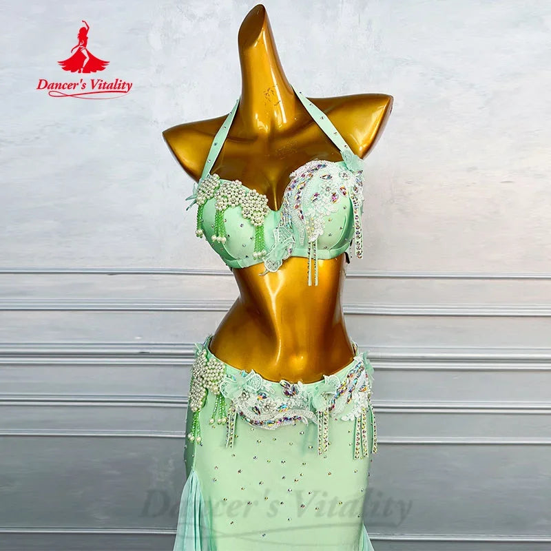 Women's Belly Dance 2-Piece Costume Set With AB Rhinestone Bra and Fishtail Skirt For Performance