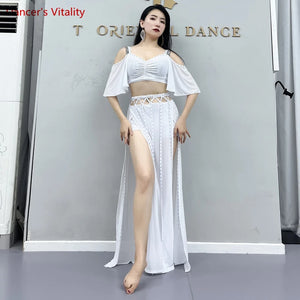 Belly Dance Costume Women Purple V-Neck Off-Shoulder Crop Top and Slit Skirt Set with Rhinestone Detail