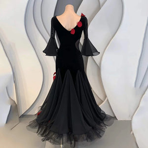 Women's Black Velvet & Chiffon Ballroom Dance Dress with Red Rose Appliques