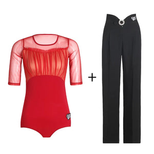 Women's Black & Green High Waist Pleated Wide Leg Ballroom Dance Pants