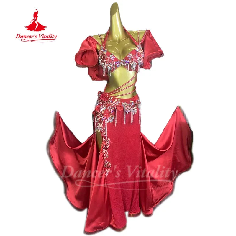 Belly Dance Costume Set With AB Rhinestone Bra Top & Tassel Fishtail Long Skirt For Kids & Adults Performance