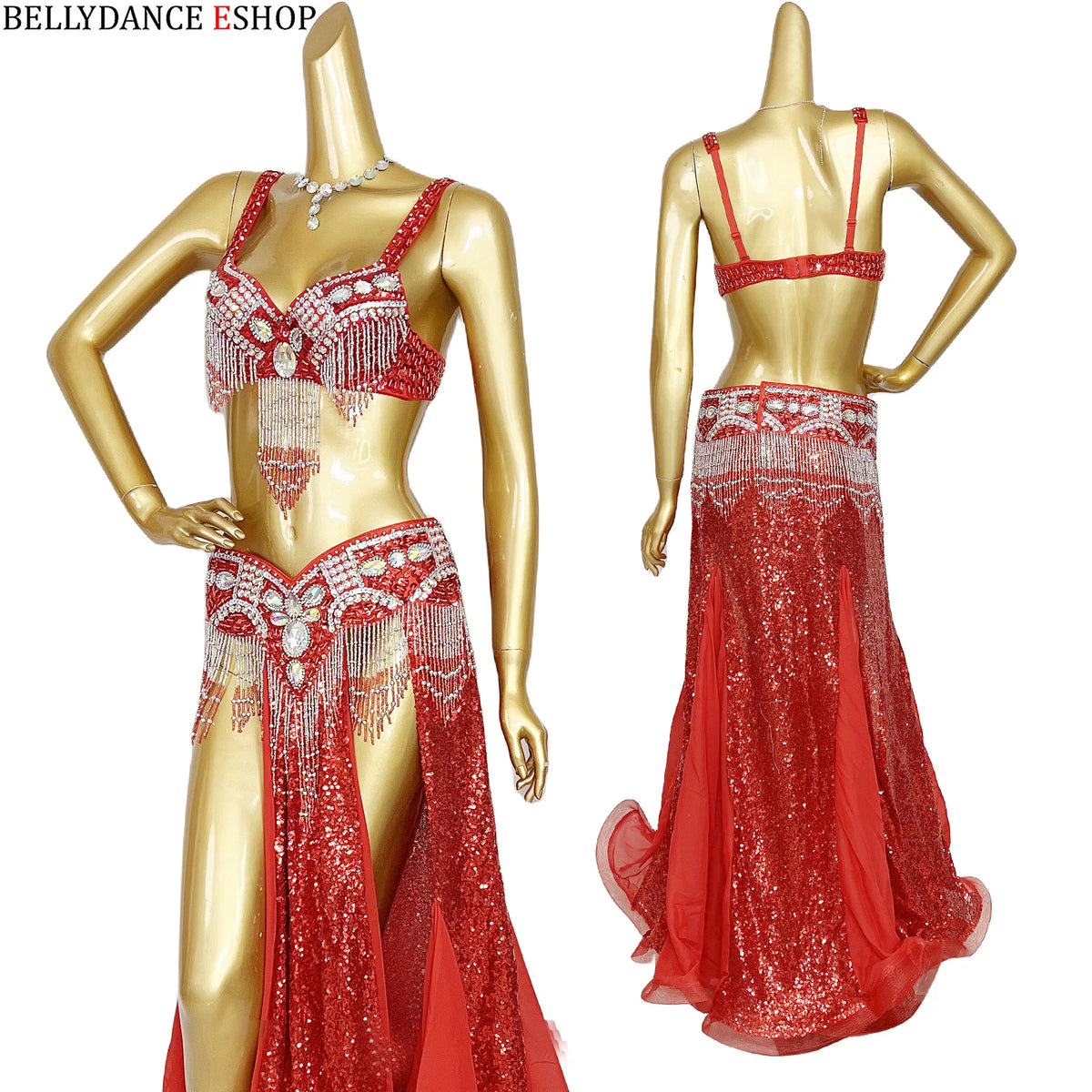 Belly Dance Costume Women Yellow & Gold Sequin Chiffon Bra Belt Skirt Set with Rhinestone Fringe
