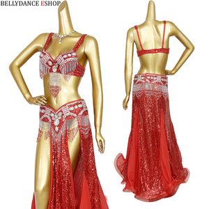 Belly Dance Costume Women Yellow & Gold Sequin Chiffon Bra Belt Skirt Set with Rhinestone Fringe
