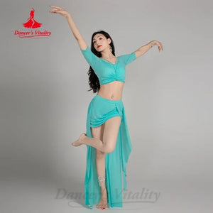 Women's Magenta V-Neck Crop Top and High-Low Skirt Set with Ruched Details for Belly Dance