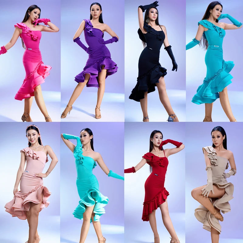 Women's Fuchsia, Purple, Black, Teal, Pink, Aqua, Red, and Beige Ruffled Asymmetrical One-Shoulder Latin Dance Dress