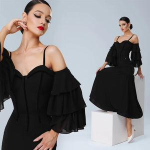 Women's Black Chiffon Off-Shoulder Ruffle Sleeve Sweetheart Neckline Latin Ballroom Dance Dress