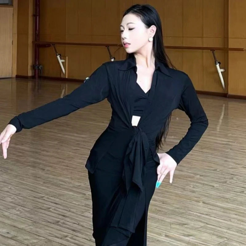 Women's Black Long Sleeve Collared Button-Up Dance Shirt with Slit Skirt - Latin Ballroom Performance Outfit