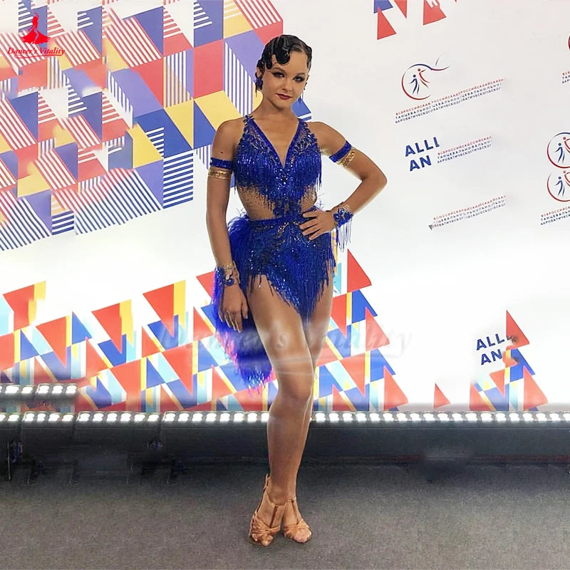 Women's Latin Dance Dress With Ostrich Feather Fringe Sleeveless Blue For Performance And Competition