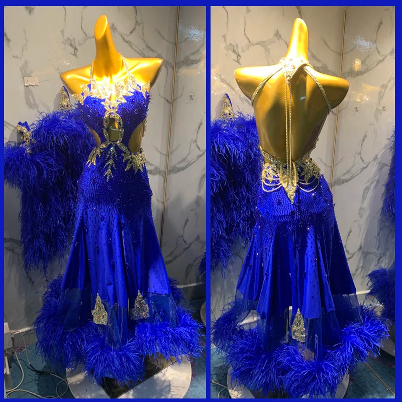 Women's Royal Blue Sequin Feather Halter Backless Ballroom Latin Dance Dress