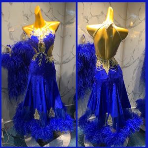 Women's Royal Blue Sequin Feather Halter Backless Ballroom Latin Dance Dress