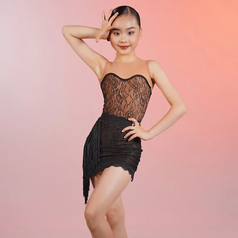 Girls' Black & Nude Lace Fringe Latin Dance Dress