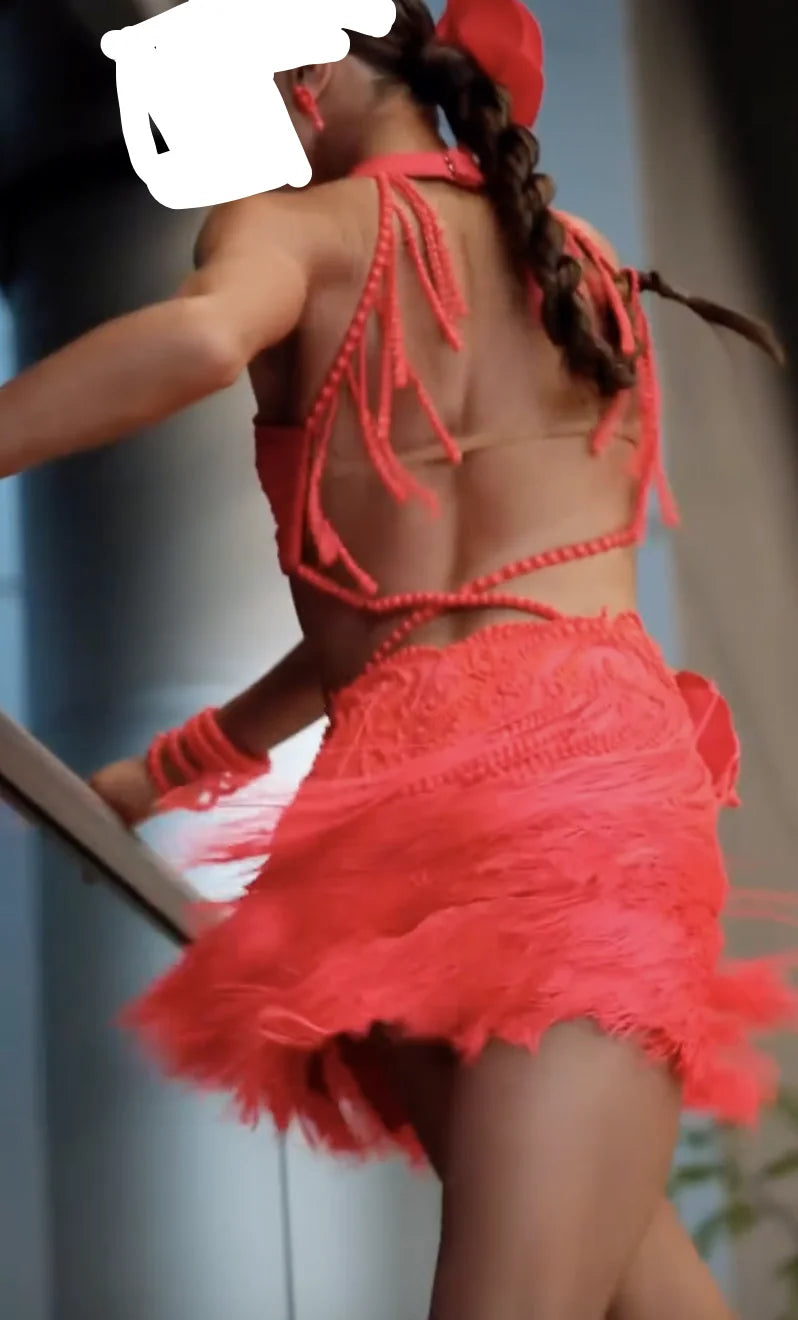 Women's Coral Halter Fringe Latin Dance Dress with Rose Appliques