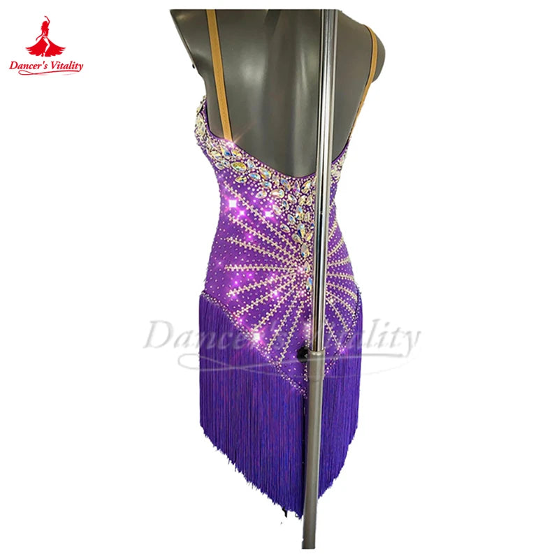 Adult Latin Ballroom Dance Skirt With Tassel Fringe Purple For Graded Exam And Competition