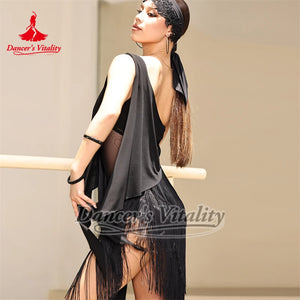 Latin Dance Dress Women Brown Fringe Sleeveless Sheer Mesh Back Standard Rumba Cha-Cha Samba Tango Ballroom Performance Costume