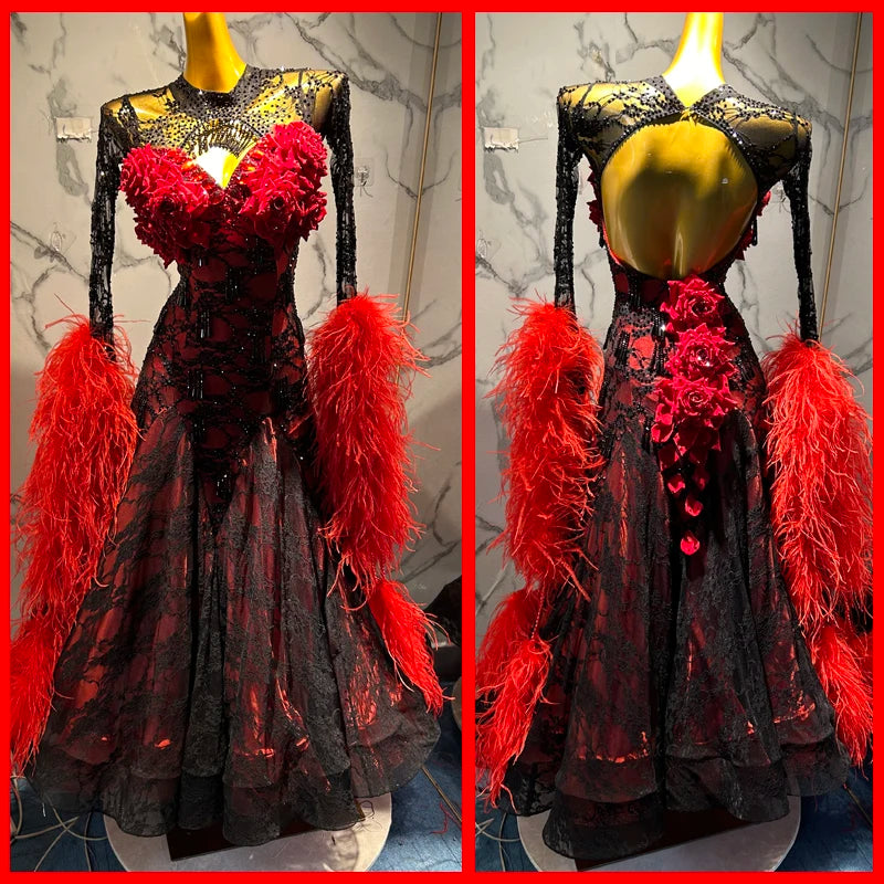 Women's Black & Red Sequin Lace Ballroom Dance Dress with Feather Sleeves & Floral Appliques
