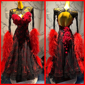 Women's Black & Red Sequin Lace Ballroom Dance Dress with Feather Sleeves & Floral Appliques