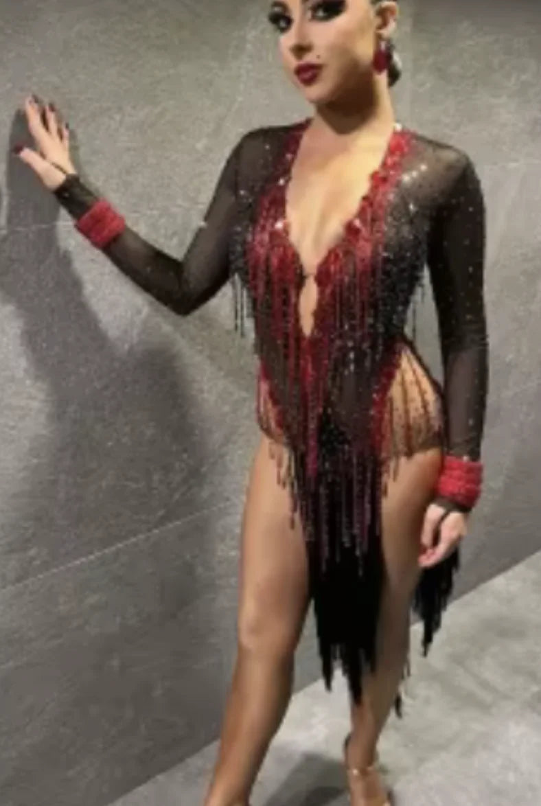 Women's Black & Red Sequin Fringe Mesh Latin Rhythm Dance Dress