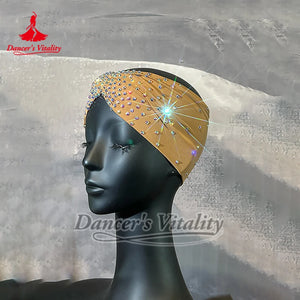 Dance Headband Women's Tan Rhinestone Embellished Stretch Fabric Turban for Latin Ballroom Dance