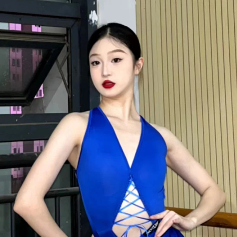 Dance Jumpsuit Women's Red Halter Fringe Latin Dance Bodysuit with Pants, Black Halter Fringe Latin Dance Bodysuit with Pants, Blue Halter Fringe Latin Dance Bodysuit with Pants