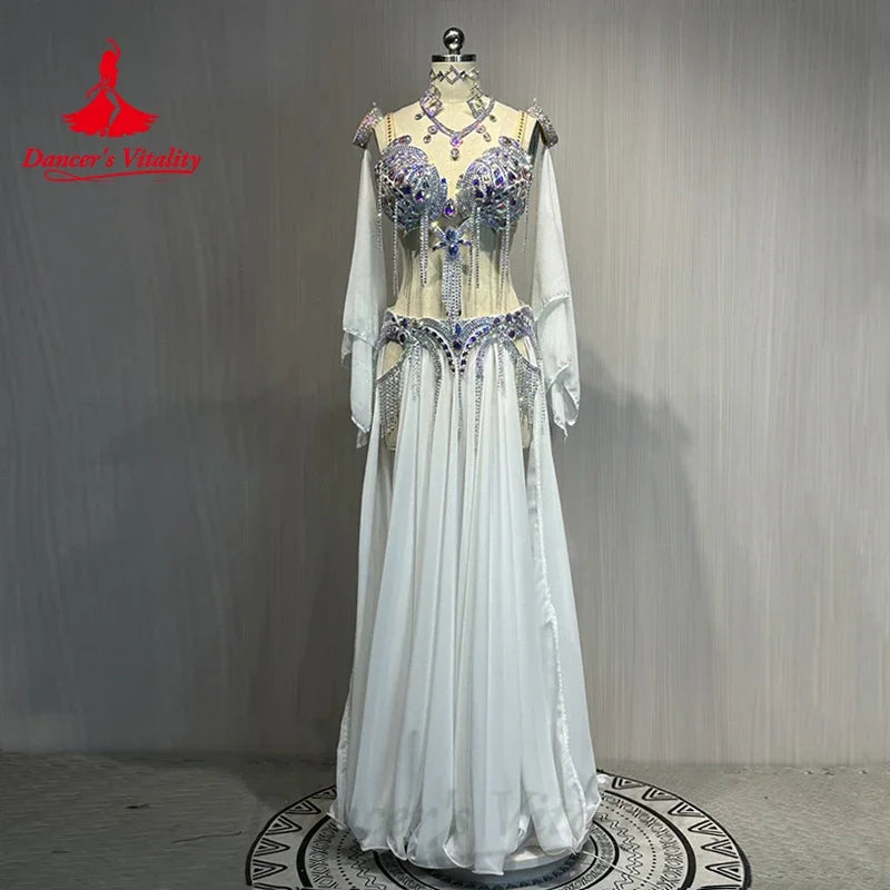 Women's Belly Dance Costume Set With Rhinestone Tassel For Professional Performance
