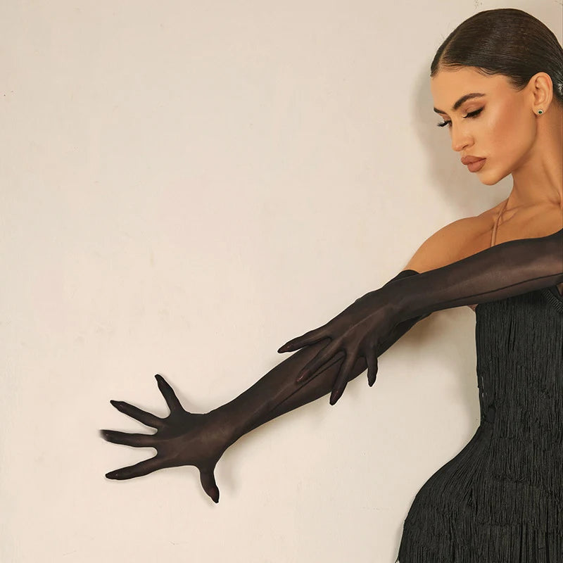 Dance Dress Women's Black Sheer Long Gloves, Fringe Embellished, Ballroom Latin