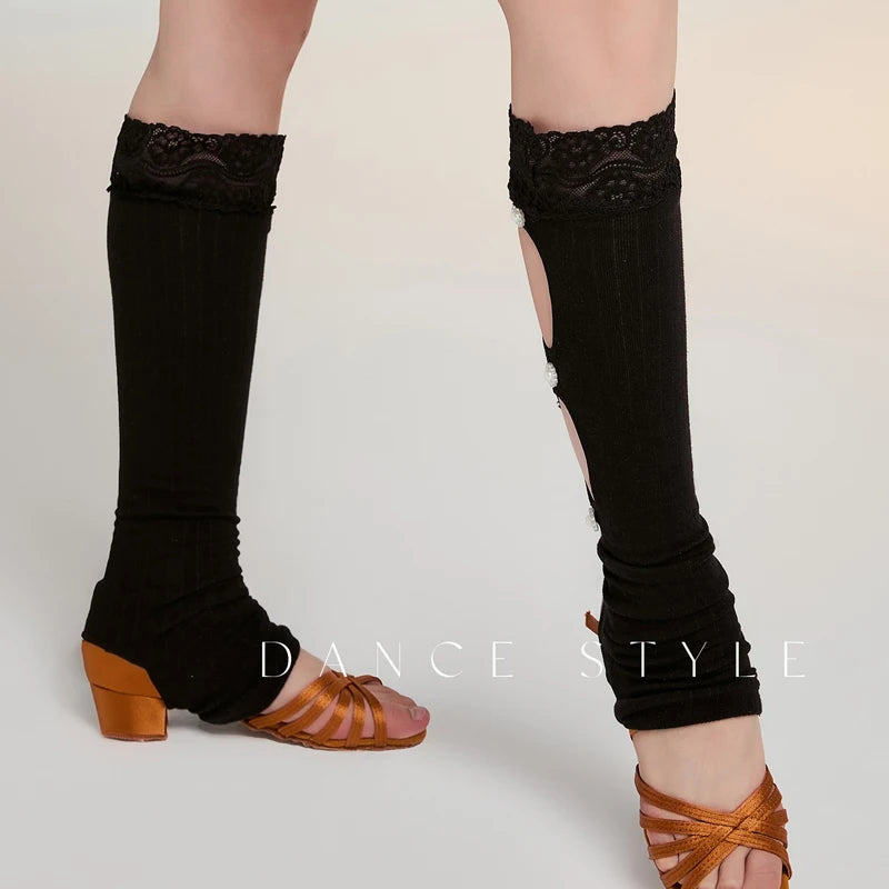 Dance Leg Warmers Women's Black Lace Trim Cutout Embellished Ribbed Knit Latin Dance Warm-up Wear