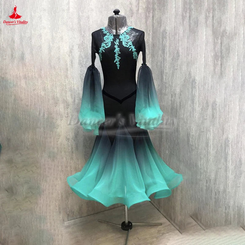 Women's Black and Teal Ombre Ballroom Dance Dress with Mesh Sleeves and Lace Applique