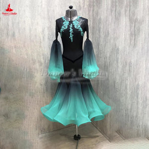 Women's Black and Teal Ombre Ballroom Dance Dress with Mesh Sleeves and Lace Applique