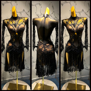 Women's Black Beaded Lace Latin Rhythm Dance Dress with Long Sleeves