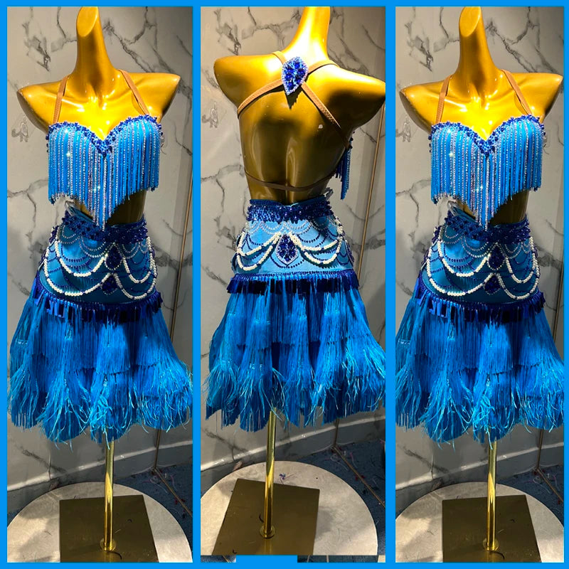Latin Dance Dress Women's Blue Beaded Fringe Skirt with Feather Trim and Halter Top