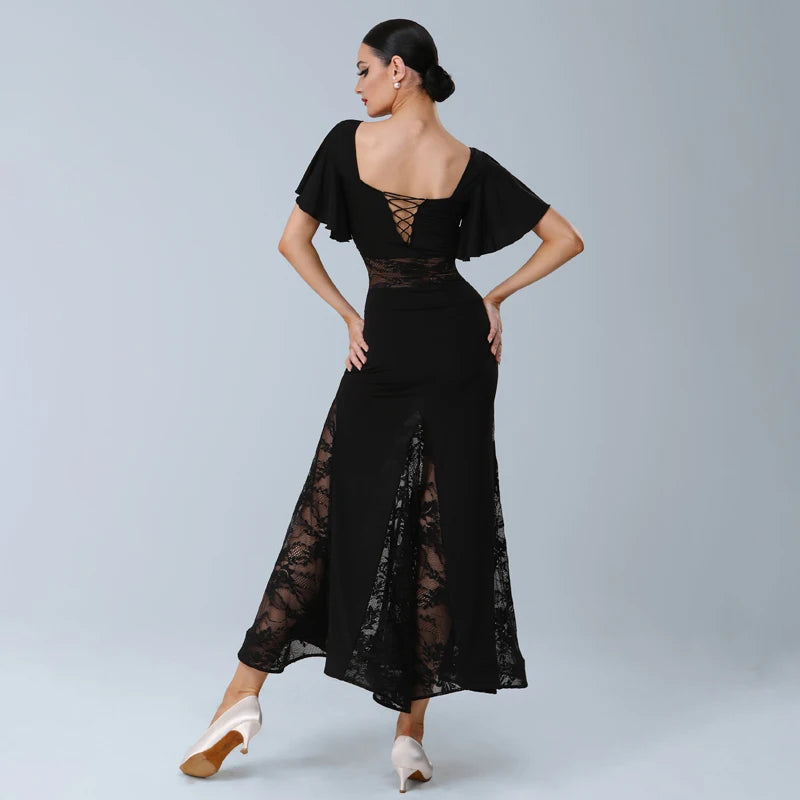 Women's Black Lace Panel Ruffle Sleeve Latin Ballroom Dance Dress